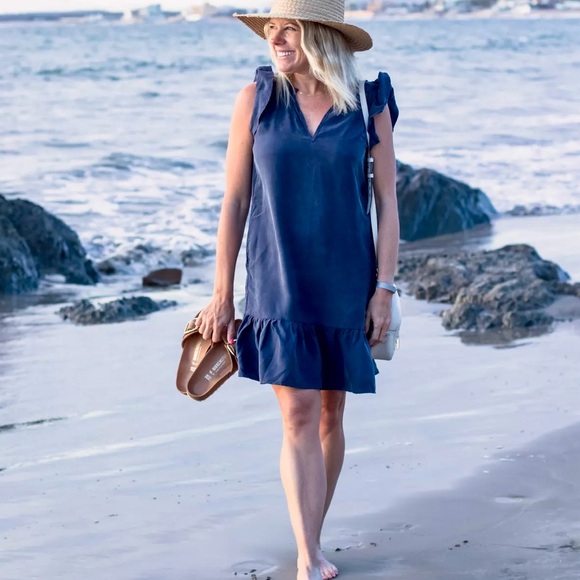 Evereve Dresses & Skirts - EVEREVE Cupro Navy Blue Ruffle Hem Mini Dress - Super SOFT Fabric!!